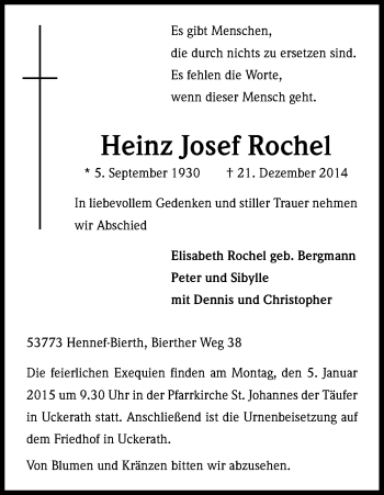 Anzeige von Heinz Josef Rochel von Kölner Stadt-Anzeiger / Kölnische Rundschau / Express