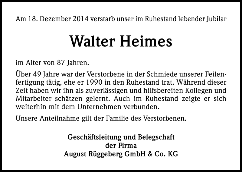  Traueranzeige für Walter Heimes vom 24.12.2014 aus Kölner Stadt-Anzeiger / Kölnische Rundschau / Express