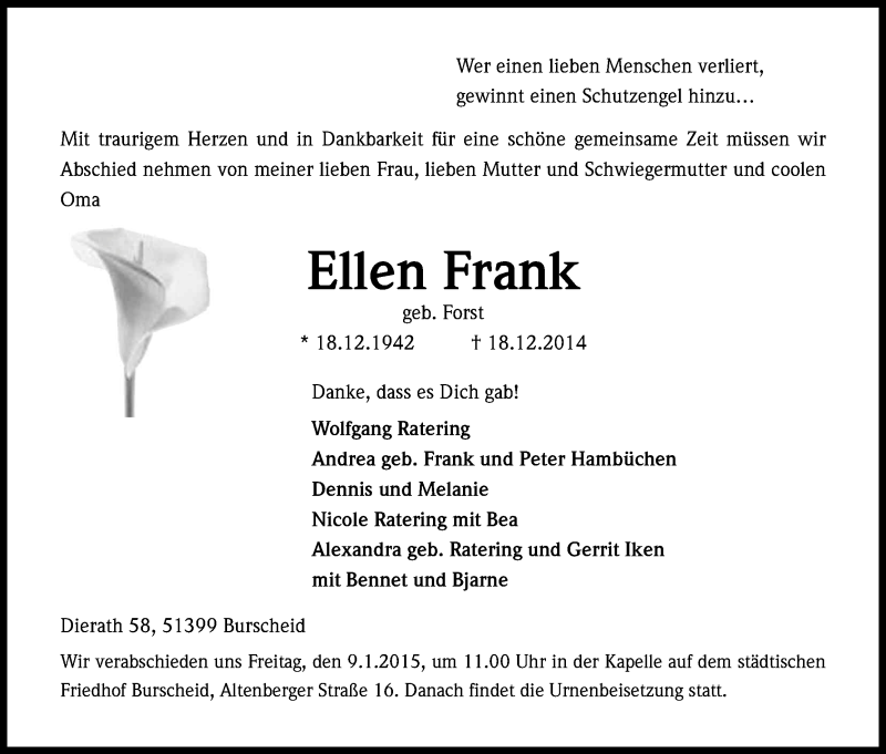  Traueranzeige für Ellen Frank vom 30.12.2014 aus Kölner Stadt-Anzeiger / Kölnische Rundschau / Express