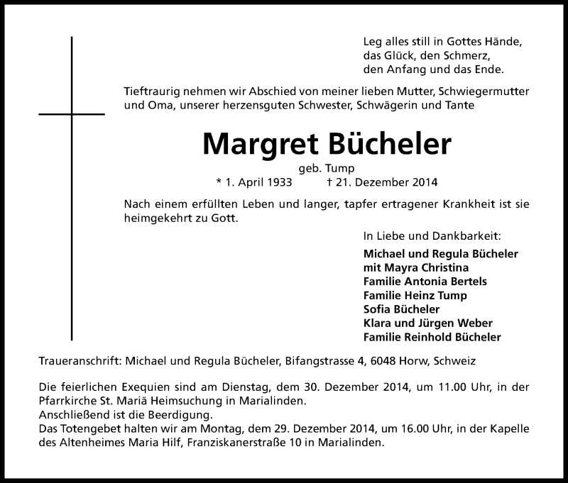  Traueranzeige für Margret Bücheler vom 27.12.2014 aus Kölner Stadt-Anzeiger / Kölnische Rundschau / Express