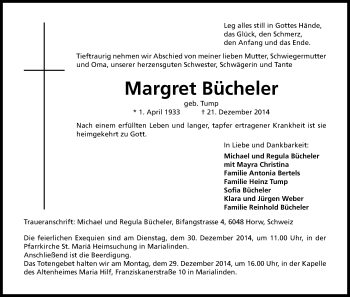 Anzeige von Margret Bücheler von Kölner Stadt-Anzeiger / Kölnische Rundschau / Express