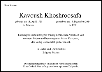 Anzeige von Kavoush Khoshroosafa von Kölner Stadt-Anzeiger / Kölnische Rundschau / Express