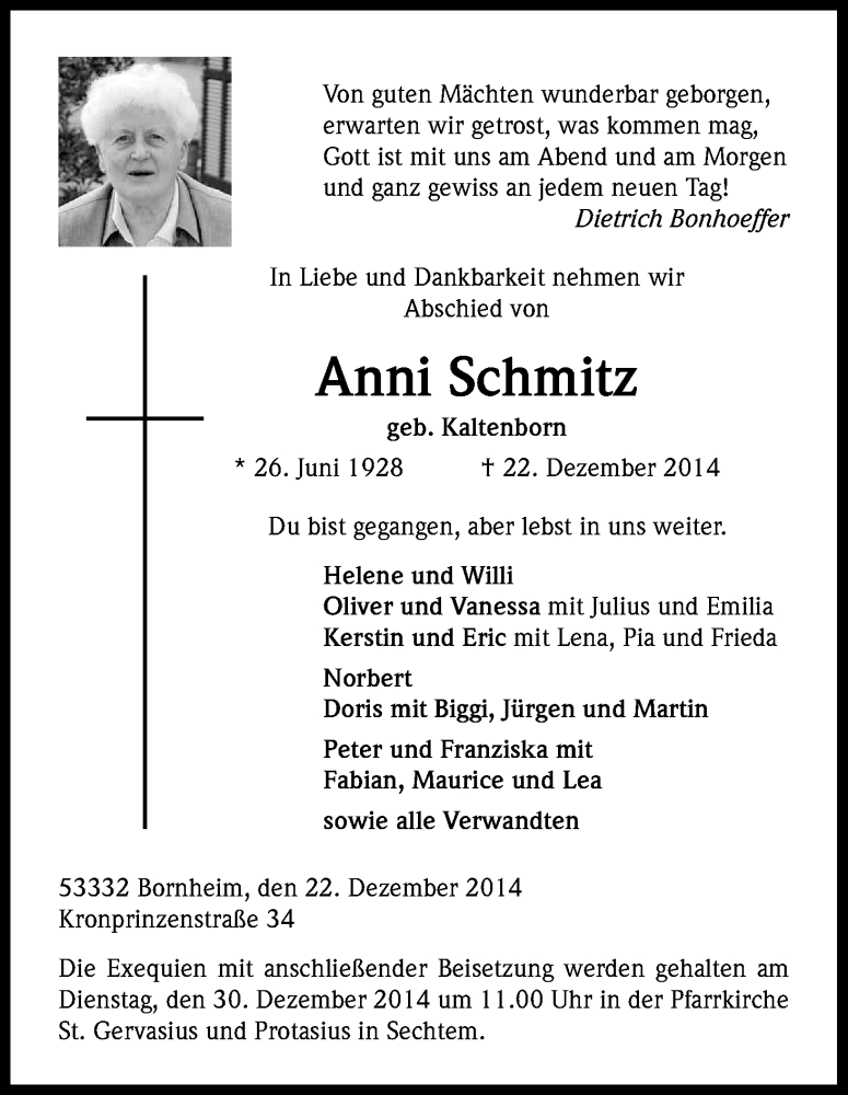  Traueranzeige für Anni Schmitz vom 27.12.2014 aus Kölner Stadt-Anzeiger / Kölnische Rundschau / Express