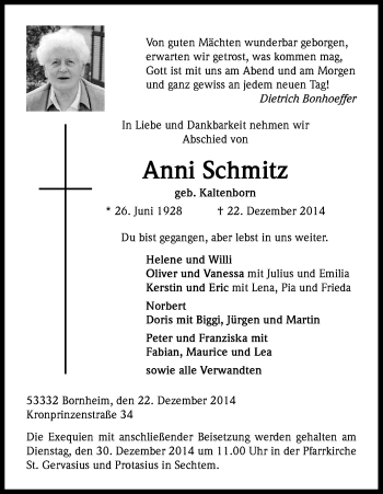 Anzeige von Anni Schmitz von Kölner Stadt-Anzeiger / Kölnische Rundschau / Express