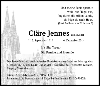 Anzeige von Cläre Jennes von Kölner Stadt-Anzeiger / Kölnische Rundschau / Express