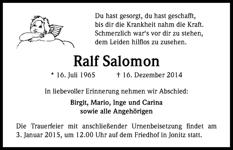  Traueranzeige für Ralf Salomon vom 29.12.2014 aus Kölner Stadt-Anzeiger / Kölnische Rundschau / Express