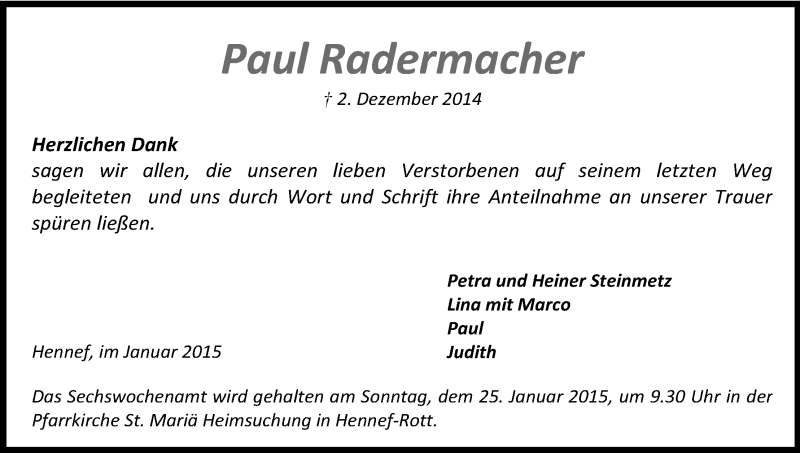  Traueranzeige für Paul Radermacher vom 10.01.2015 aus Kölner Stadt-Anzeiger / Kölnische Rundschau / Express