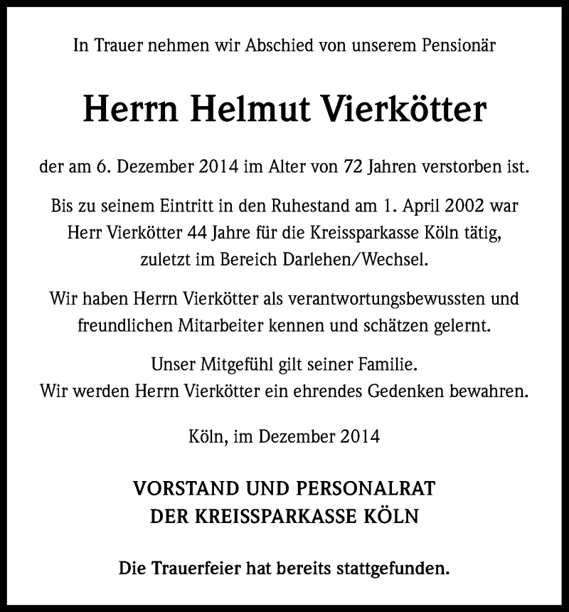  Traueranzeige für Helmut Vierkötter vom 30.12.2014 aus Kölner Stadt-Anzeiger / Kölnische Rundschau / Express