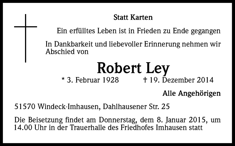  Traueranzeige für Robert Ley vom 03.01.2015 aus Kölner Stadt-Anzeiger / Kölnische Rundschau / Express