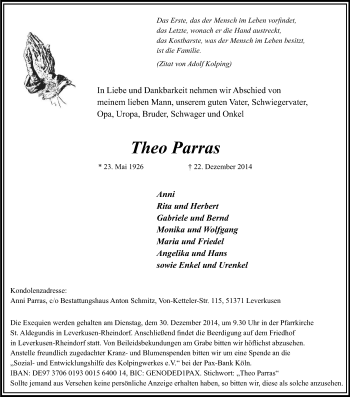 Anzeige von Theo Parras von Kölner Stadt-Anzeiger / Kölnische Rundschau / Express