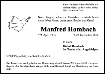 Anzeige von Manfred Hombach von Kölner Stadt-Anzeiger / Kölnische Rundschau / Express