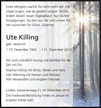 Anzeige von Ute Killing von Kölner Stadt-Anzeiger / Kölnische Rundschau / Express