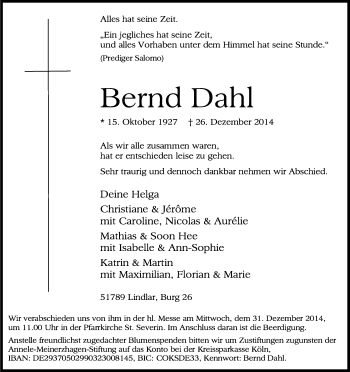 Anzeige von Bernd Dahl von Kölner Stadt-Anzeiger / Kölnische Rundschau / Express