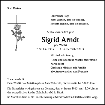 Anzeige von Sigrid Arndt von Kölner Stadt-Anzeiger / Kölnische Rundschau / Express