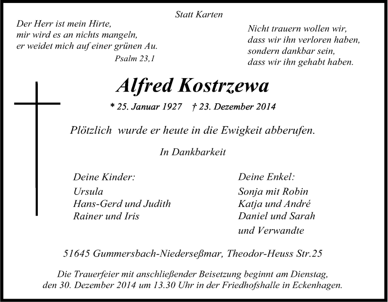  Traueranzeige für Alfred Kostrzewa vom 29.12.2014 aus Kölner Stadt-Anzeiger / Kölnische Rundschau / Express