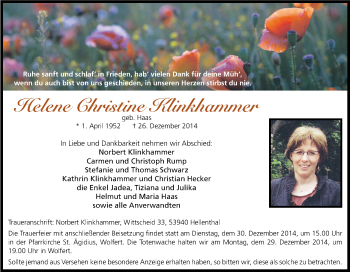 Anzeige von Helene Christine Klinkhammer von Kölner Stadt-Anzeiger / Kölnische Rundschau / Express