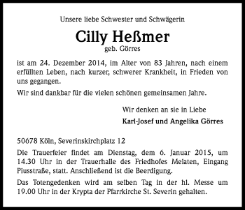 Anzeige von Cilly Heßmer von Kölner Stadt-Anzeiger / Kölnische Rundschau / Express