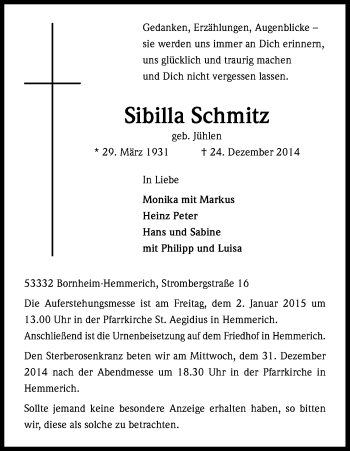 Anzeige von Sibilla Schmitz von Kölner Stadt-Anzeiger / Kölnische Rundschau / Express