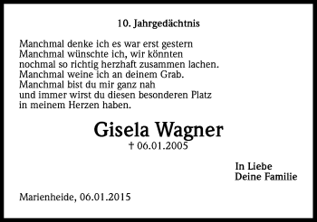 Anzeige von Gisela Wagner von Kölner Stadt-Anzeiger / Kölnische Rundschau / Express
