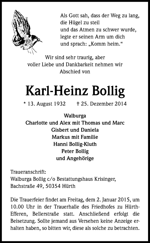  Traueranzeige für Karl-Heinz Bollig vom 30.12.2014 aus Kölner Stadt-Anzeiger / Kölnische Rundschau / Express