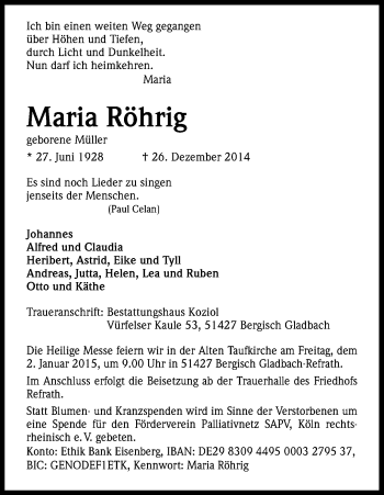 Anzeige von Maria Röhrig von Kölner Stadt-Anzeiger / Kölnische Rundschau / Express