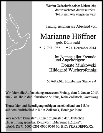 Anzeige von Marianne Höffner von Kölner Stadt-Anzeiger / Kölnische Rundschau / Express