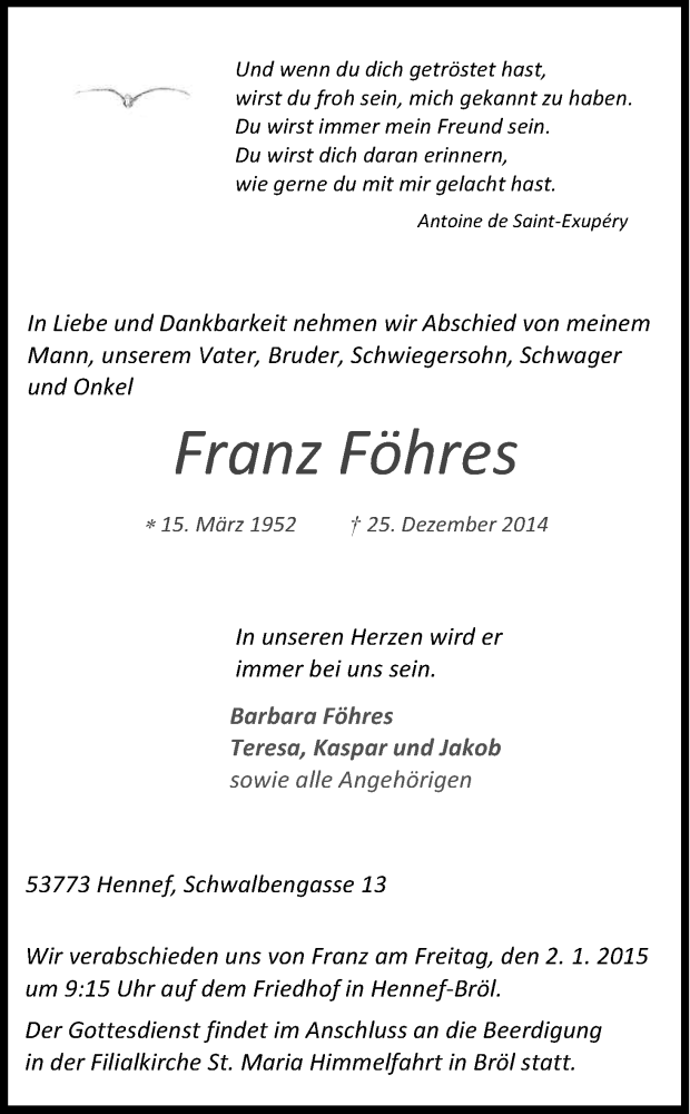  Traueranzeige für Franz Föhres vom 30.12.2014 aus Kölner Stadt-Anzeiger / Kölnische Rundschau / Express