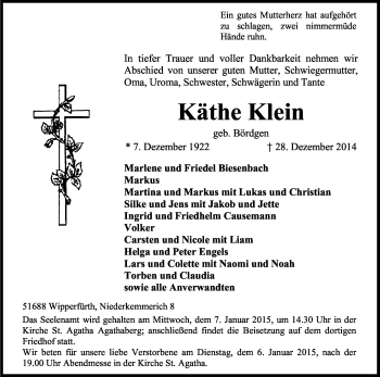 Anzeige von Käthe Klein von Kölner Stadt-Anzeiger / Kölnische Rundschau / Express
