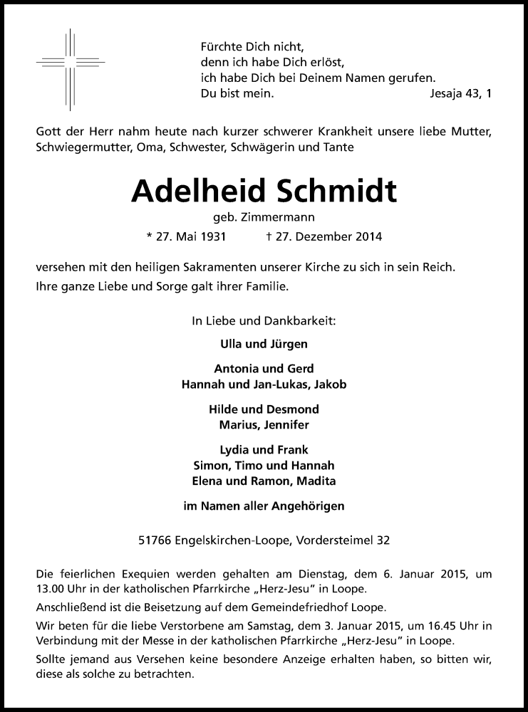  Traueranzeige für Adelheid Schmidt vom 30.12.2014 aus Kölner Stadt-Anzeiger / Kölnische Rundschau / Express