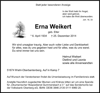 Anzeige von Erna Weikert von Kölner Stadt-Anzeiger / Kölnische Rundschau / Express