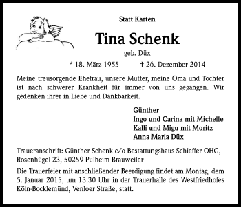 Anzeige von Tina Schenk von Kölner Stadt-Anzeiger / Kölnische Rundschau / Express