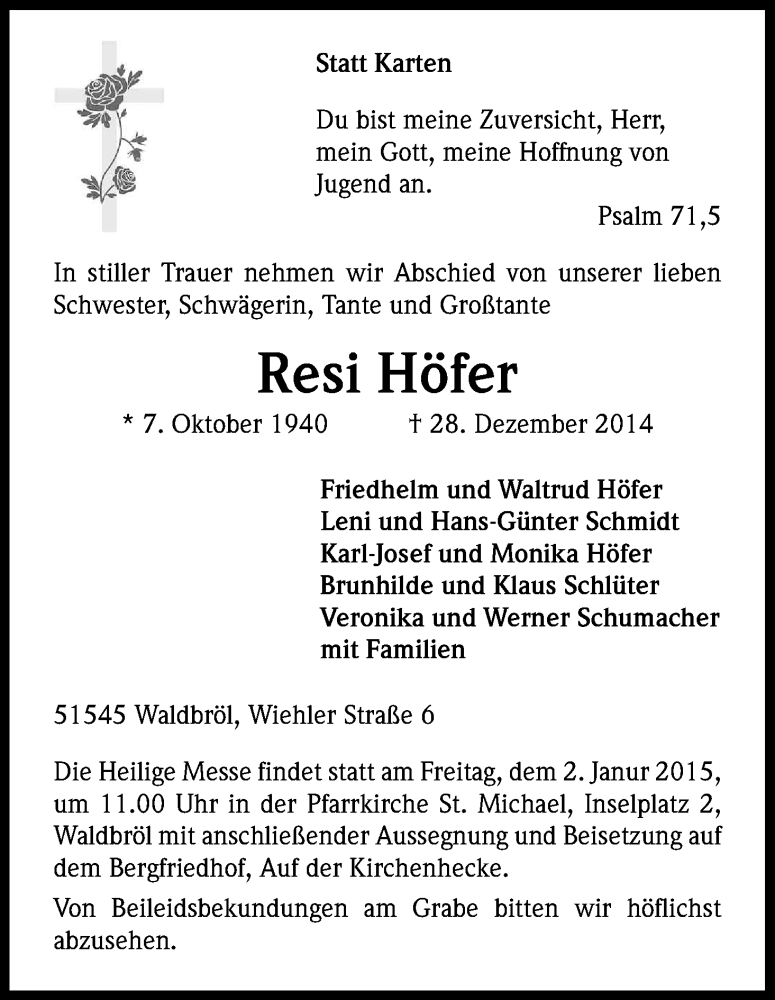  Traueranzeige für Resi Höfer vom 30.12.2014 aus Kölner Stadt-Anzeiger / Kölnische Rundschau / Express