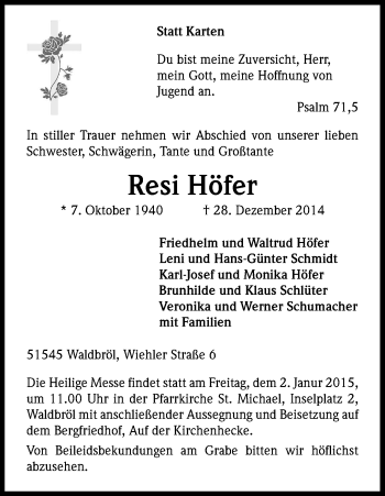 Anzeige von Resi Höfer von Kölner Stadt-Anzeiger / Kölnische Rundschau / Express