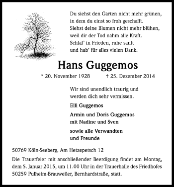 Anzeige von Hans Guggemos von Kölner Stadt-Anzeiger / Kölnische Rundschau / Express