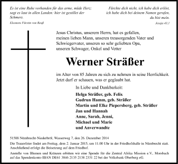 Anzeige von Werner Sträßer von Kölner Stadt-Anzeiger / Kölnische Rundschau / Express