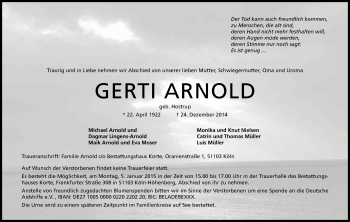 Anzeige von Gerti Arnold von Kölner Stadt-Anzeiger / Kölnische Rundschau / Express