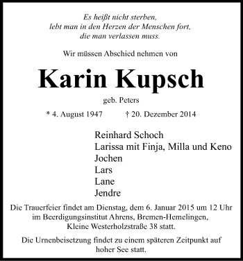Anzeige von Karin  Kupsch von Kölner Stadt-Anzeiger / Kölnische Rundschau / Express