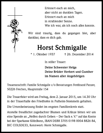 Anzeige von Horst Schmigalle von Kölner Stadt-Anzeiger / Kölnische Rundschau / Express