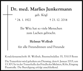 Anzeige von Marlies Junkermann von Kölner Stadt-Anzeiger / Kölnische Rundschau / Express