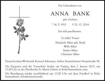 Anzeige von Anna Bank von Kölner Stadt-Anzeiger / Kölnische Rundschau / Express