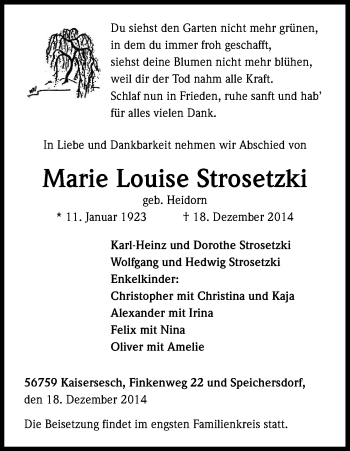 Anzeige von Marie Louise Strosetzki von Kölner Stadt-Anzeiger / Kölnische Rundschau / Express