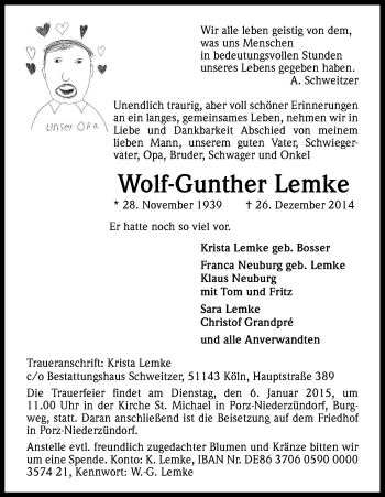 Anzeige von Wolf-Gunther Lemke von Kölner Stadt-Anzeiger / Kölnische Rundschau / Express
