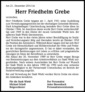 Anzeige von Friedhelm Grebe von Kölner Stadt-Anzeiger / Kölnische Rundschau / Express