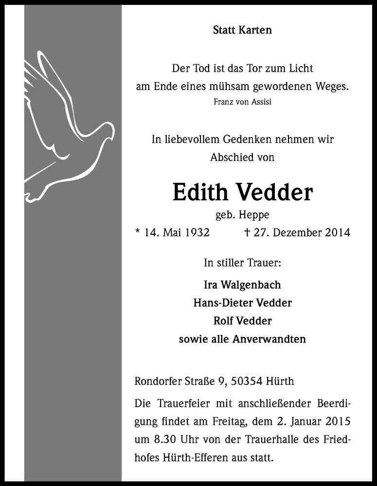  Traueranzeige für Edith Vedder vom 31.12.2014 aus Kölner Stadt-Anzeiger / Kölnische Rundschau / Express