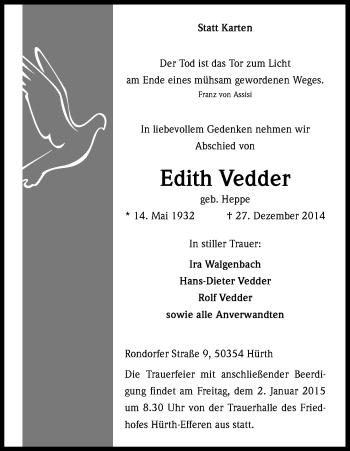 Anzeige von Edith Vedder von Kölner Stadt-Anzeiger / Kölnische Rundschau / Express