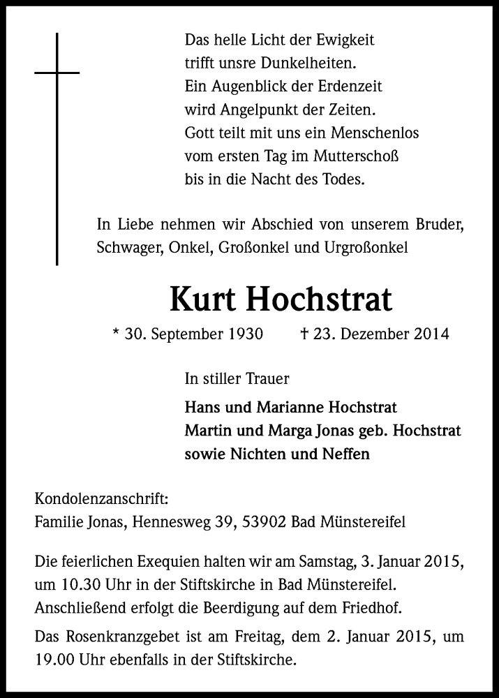  Traueranzeige für Kurt Hochstrat vom 30.12.2014 aus Kölner Stadt-Anzeiger / Kölnische Rundschau / Express