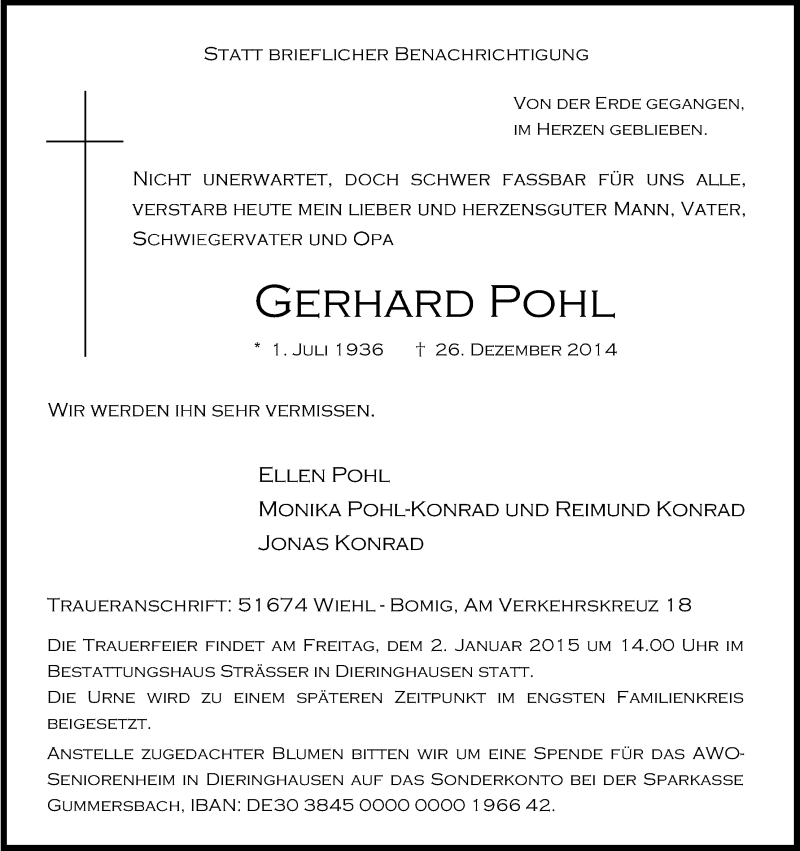  Traueranzeige für Gerhard Pohl vom 30.12.2014 aus Kölner Stadt-Anzeiger / Kölnische Rundschau / Express