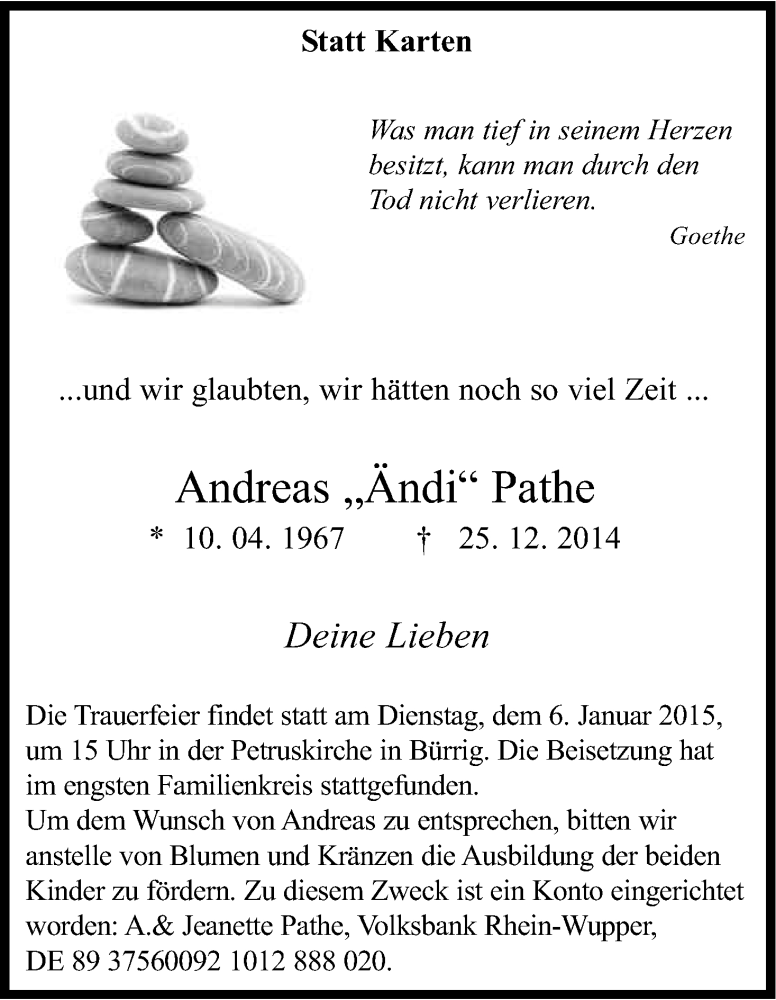  Traueranzeige für Andreas Pathe vom 03.01.2015 aus Kölner Stadt-Anzeiger / Kölnische Rundschau / Express