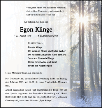 Anzeige von Egon Klinge von Kölner Stadt-Anzeiger / Kölnische Rundschau / Express