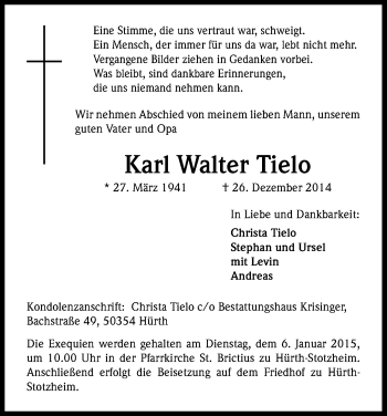 Anzeige von Karl Walter Tielo von Kölner Stadt-Anzeiger / Kölnische Rundschau / Express